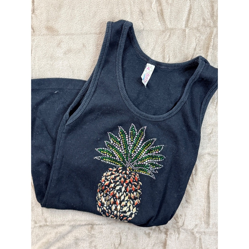 Aruba Pineapple Rhinestone‎ Ribbed Tank Top Black Size L Y2K Bling Beachy Retro